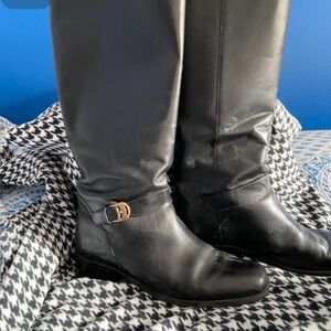 Heritage Black Leather Knee-High Riding Boots with Gold Buckle
